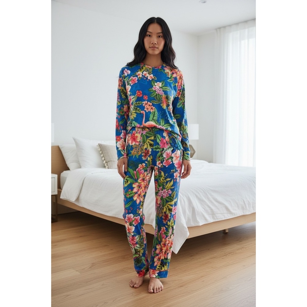 Johnny Was Tropical Flamingo Pajama Set Blue Floral Pima Cotton Modal XS